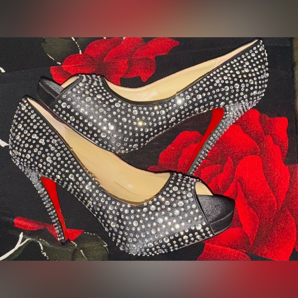 Authentic Christian Louboutin PeepToe Black Satin With Swarovski Crystal Heels